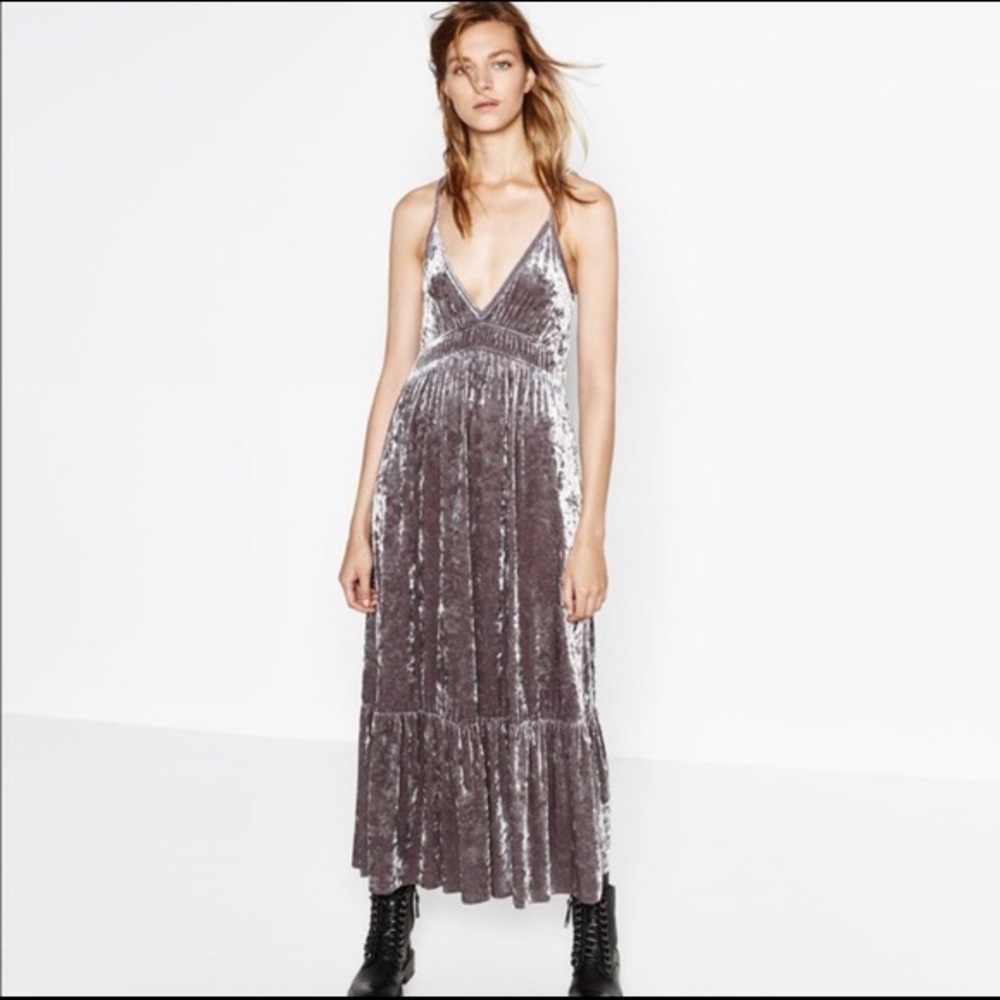 ✅ Zara Silver Crushed Velvet Maxi Dress deep v cut size S